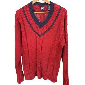 GAP Chunk Cable Knit Red Blue V-Neck Ramie & Cotton Sweater Size Medium